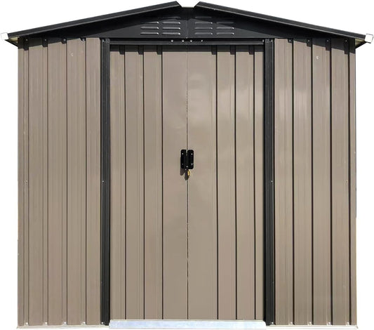 4 x 6 FT Metal Garden Shed, Outdoor Storage Shed with Sliding Doors, Rust-Resistant Steel Construction for Tools, Hobbies & Workshop Use, Brown