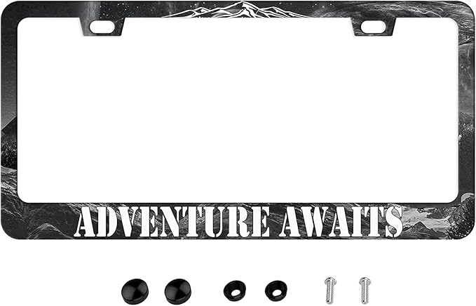 Adventure Awaits License Plate Frame - American Mountains Vanity Car Tag Frames Aluminum Auto Tags Cover 2 Holes Screws (Adventure Awaits 1)