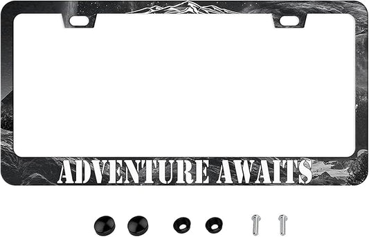 Adventure Awaits License Plate Frame - American Mountains Vanity Car Tag Frames Aluminum Auto Tags Cover 2 Holes Screws (Adventure Awaits 1)