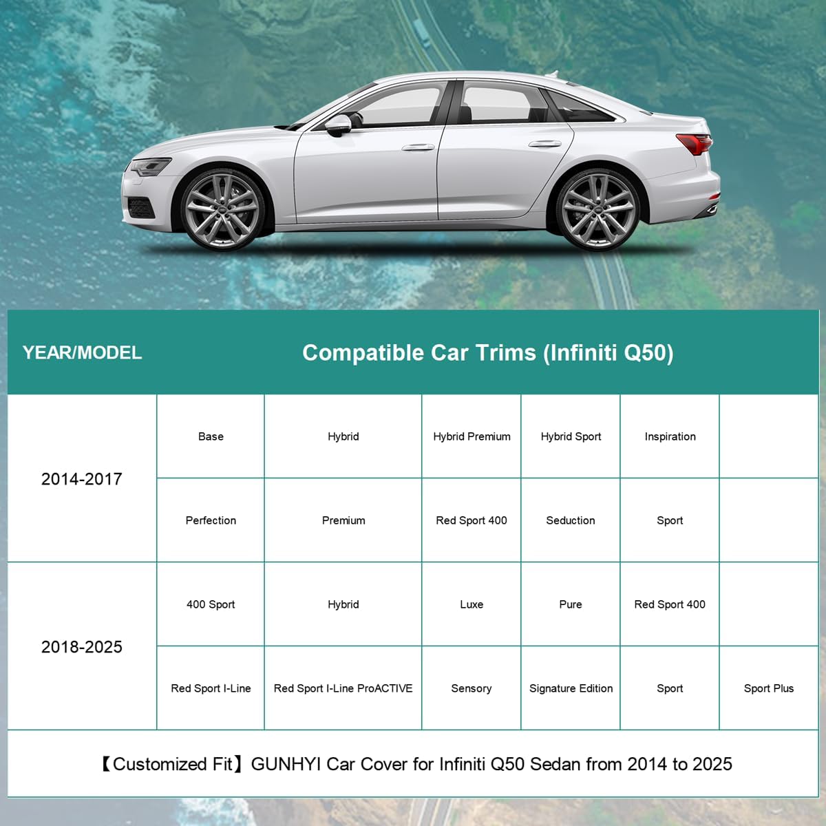 Premium Car Cover Custom Fit Infiniti Q50 Sedan (2013-2025), 16 Layers Heavy Duty Car Cover Waterproof All Weather with Zipper Door for Sun Rain Snow Dust Uv Protection