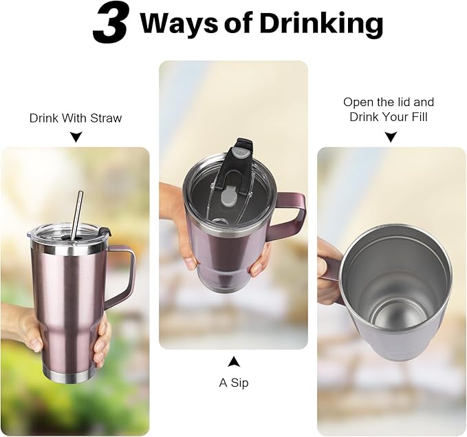 20 oz Tumbler with Handle, Stainless Steel Insulated Tumbler with Lid and Straw, Double Wall Vacuum Insulated Coffee Mug Tumbler, Insulated Coffee Thermal Cup for Cold and Hot (Rose gold)