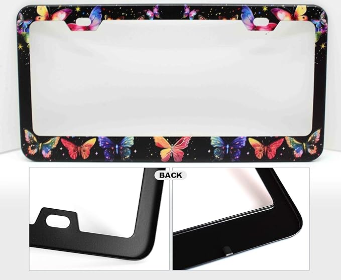 1pcs Hand Drawn Colorful Butterflies License Plate Frame for Women, Designer Red Blue Butterfly car tag Frames Girly for Vehicle with Non Adhesive Electrostatic Sticker