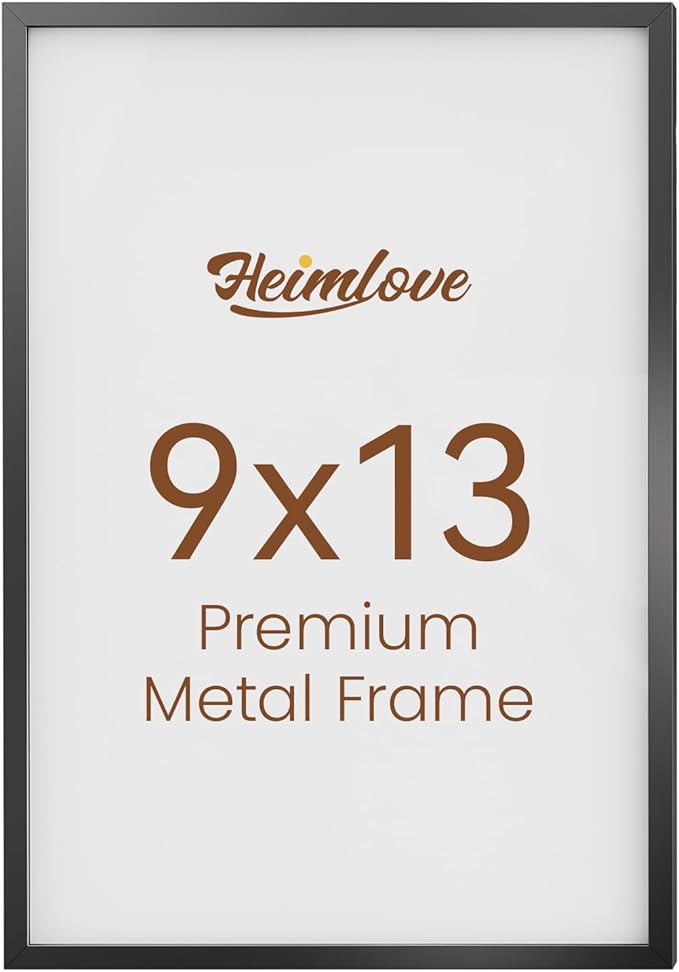 Heimlove 9x13 Metal Picture Frame,Black Aluminum Photo Frames-Real Tempered Glass,Mounting Horizontally or Vertically Decor for Wall-1Pack