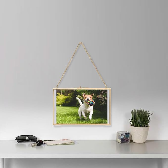 JUXYES 2 Pack Wall Hanging Business License Frame Brass Certificate Display Frames, Double Glass Floating Diploma Frames, Wall Golden Graduation Frame for 5.5x8.5 Inches Certificate Business Licenses