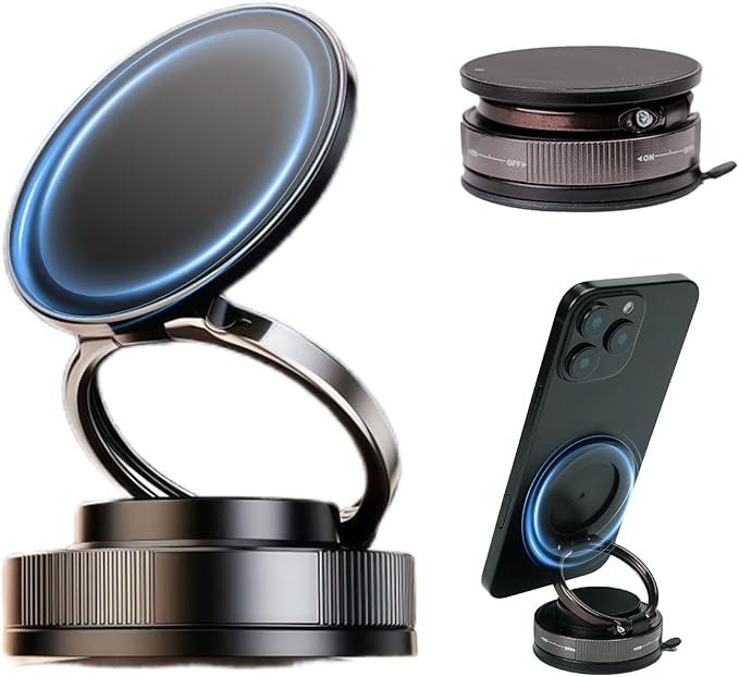 Upgraded 360° Nano Gel Vacuum Magnetic Car Phone Holder Ultra Strong Suction Magnetic Force for MagSafe, iPhone 16 Pro Max, Android - Foldable Retractable Mount for Car/Dashboard/Gym/Mirror(Black)