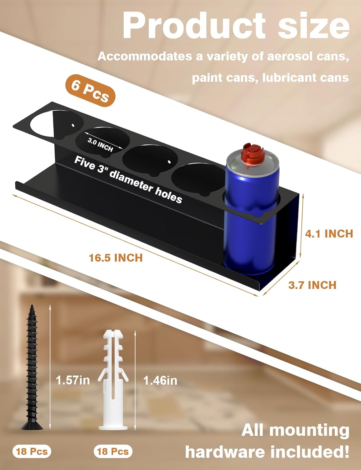 6 Pack Spray Can Holder Organizer, Wall-Mounted Steel Spray Bottle Rack, Tool Box Storage Rack, 5 Cans Metal Paint Can Organizer for Garage, Workspace, Shop, Home or Tool Trailer, Black