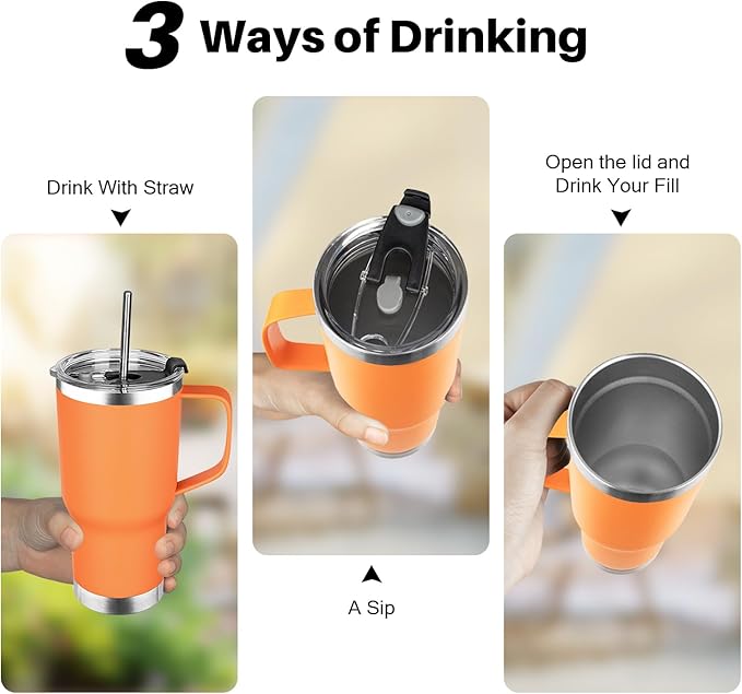 20 oz Tumbler with Handle, Stainless Steel Insulated Tumbler with Lid and Straw, Double Wall Vacuum Insulated Coffee Mug Tumbler, Insulated Coffee Thermal Cup for Cold and Hot（Orange）