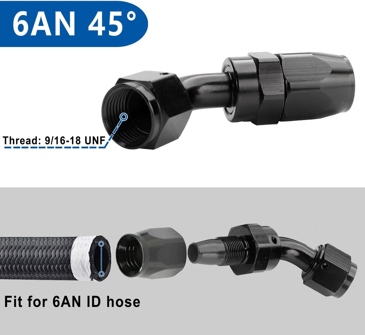 LokoCar 6AN Hose End Fitting 45 Degree Swivel For CPE Braided Hose Black 2Pcs