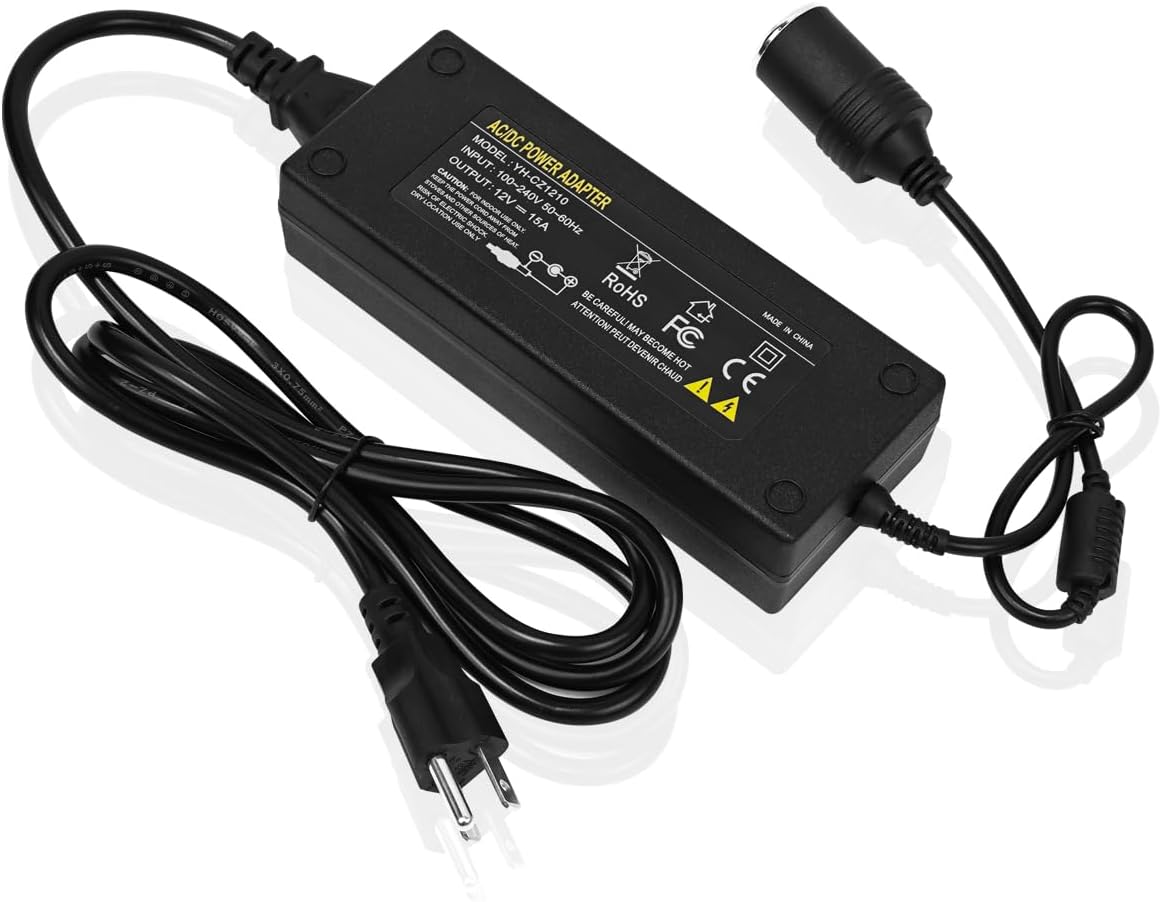 180W AC to DC Converter, 100V ~ 240V to 12V 15A Car Cigarette Lighter Socket AC/DC Adaptor Power Supply for Car Refrigerator, Tire Inflator, Vacuum Cleaner and Other Devices 7.2FT