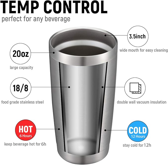 COMOOO 20oz Stainless Steel Tumbler Bulk Double Wall Vacuum Coffee Cup Insulated Travel Mug with Lid and Straw Durable Powder Coated Insulated Coffee Cup for Cold & Hot Drinks (silver, 4 pack