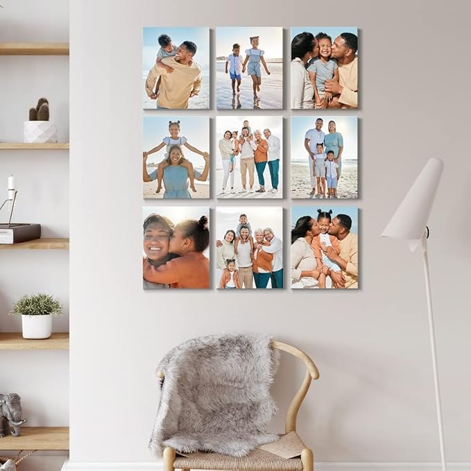 Renditions Gallery Set of 9, 8X10 Custom Photo Prints with Real Wood Picture Frames. Create Personalized Photos with Peel & Stick Photo Frames. Wrapped Canvas