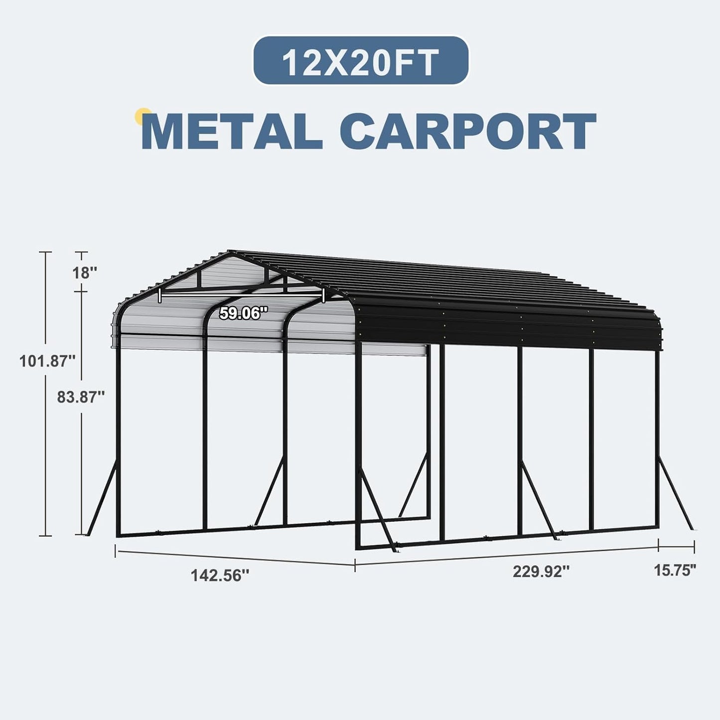 12x20 FT Metal Carport, Garage with Updated Frame Structure, Galvanized Steel Roof and Enhanced Base Canopy, Metal Garage Car Shelter Shade for Car, Boats and Truck