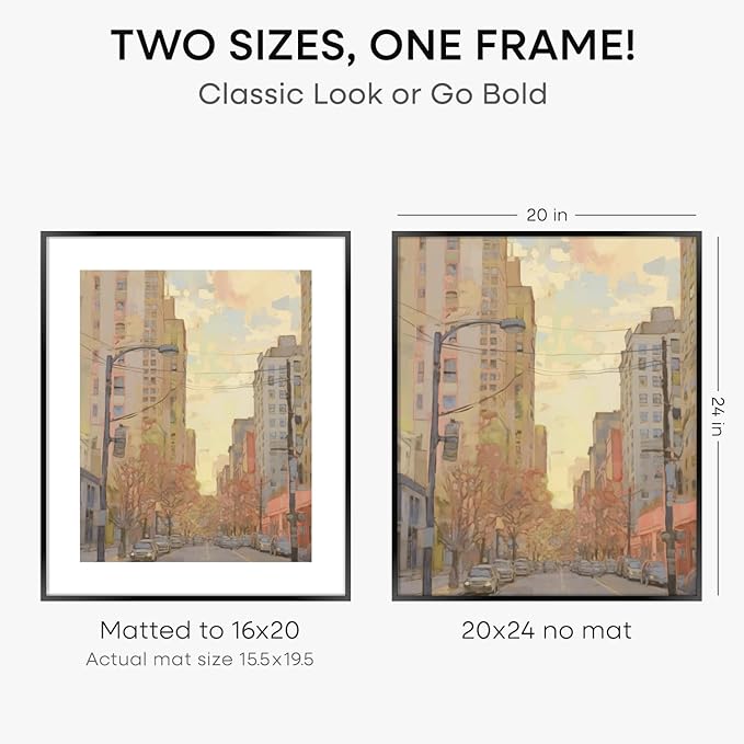 Homeforia 20x24 Picture Frame Black, High End Metal 20x24 Frame Matted to 16x20 Print, 20 x 24 Black Poster Frames with Mat 16 by 20 inch Photo, 24x20 Hanging Frame, Tempered Glass, Wall Kit, Set of 2