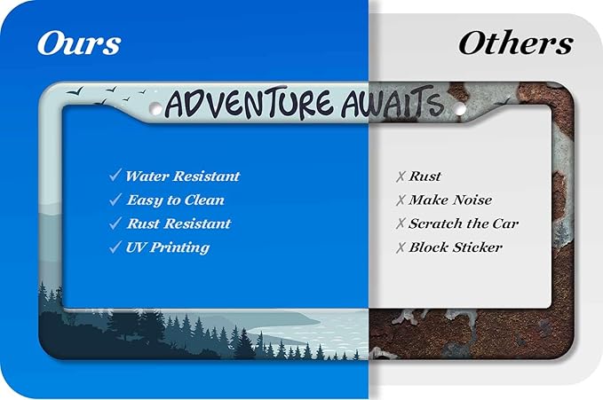 2PCS Adventure Awaits Pattern License Plate Frames for Men Women - Universal Aluminum Stainless Steel Personalized Car Tag Covers Holder with Screws, Caps, Rattle Proof Pads and Handlebar Stickers