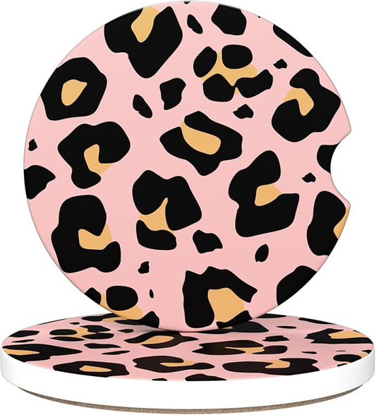 Car Cup Holder Coaster, Car Coasters for Cup Holders, 2 Pack Universal Anti Slip Insert Absorbent Ceramic Auto Interior Accessories with A Finger Notch & Cork Base, Pink Leopard Print