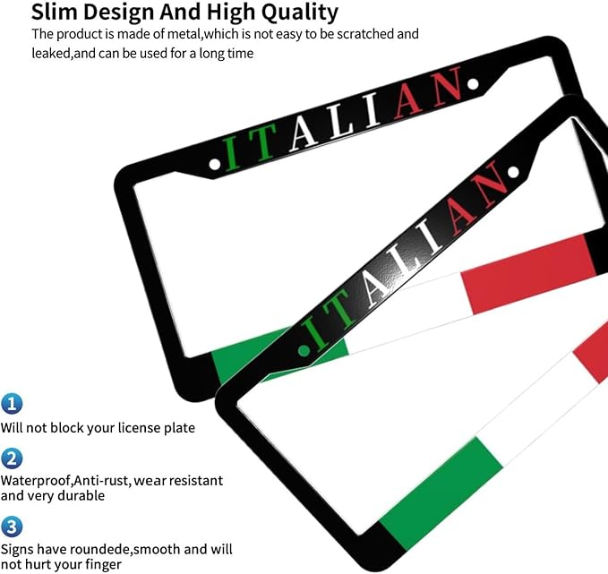 Italian Flag License Plate Frame Personalized Italy Flag License Plate Cover Aluminum Metal Novelty Car Tag Holder 2 Hole with Screws US Vehicle Standard 12 x 6 Inches Decorative for Men Women 1 Pcs