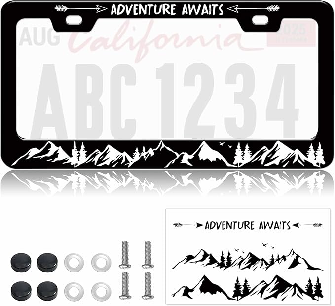1pcs Black White Mountain License Plate Frame for Women, Forest Mountain Landscape car tag Frames Girly for Vehicle with Non Adhesive Electrostatic Sticker