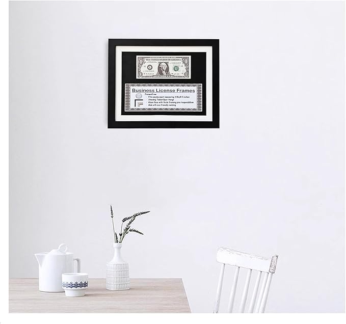 8.5x11 Business License Frame, Black Wood Grain Finish, UV Resistant, Holds 1st Dollar & 3x8.5 License, Includes Easel & Wall Hanger