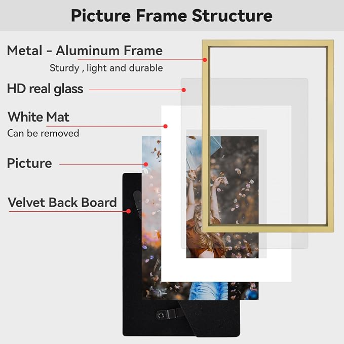 3.5x5 Picture Frame Set of 3, Brass Metal Photo Frames with HD Glass, Fits 2.5x3.5 with Mat or 3.5x5 without Mat, Wall Hanging and Table Display