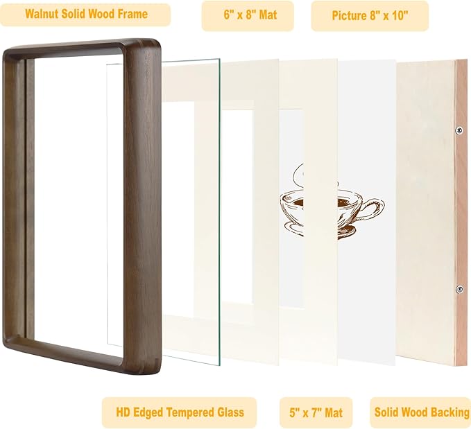 HELPLEX 8x10 Picture Frame Set of 2 - Matte Black Walnut Wood with HD Tempered Glass, Adjustable for 6x8/5x7 Matted or 8x10 Open, Gallery-Quality Vertical/Horizontal Wall or Tabletop Display