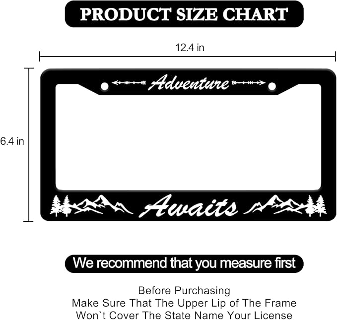 Adventure Awaits License Plate Frame - 2 PCS Mountains Tree Aluminum Metal License Plate Frames Holder, Rust-Proof Waterproof Car Decorative Tag Frames with Screws Fasteners Caps