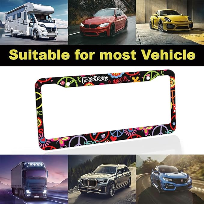 2pcs Hippies Peace Floral License Plate Frame for Women, Funny Love and Peace car Decorative tag Frames Girly, Hippie Peace Flower License Plate Cover Holder for Vehicle with car Keychain tag