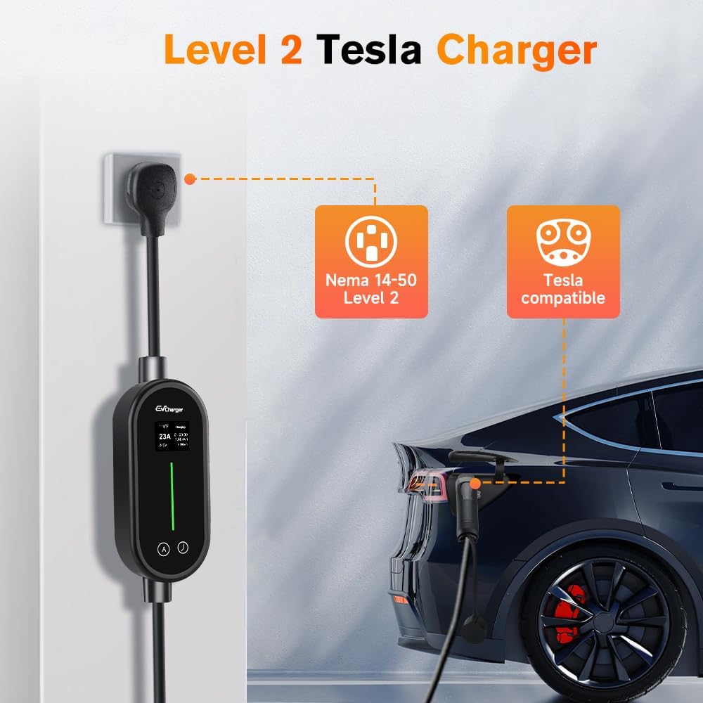 Portable Electric Car Charger Level 2 EV Charger 32A 240V for Tesla 21ft Cable NEMA 14-50P Compatible with All Tesla Models X/Y/3/S