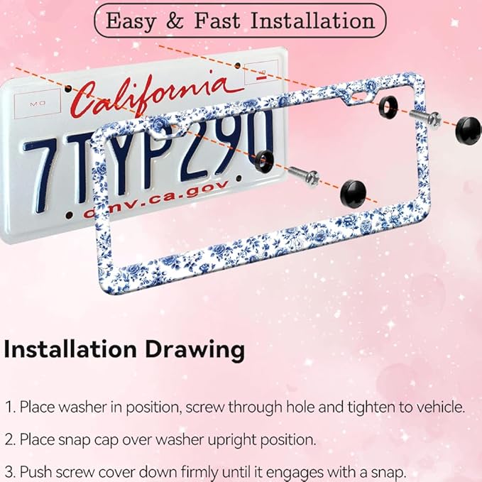 2pcs Blue White Porcelain Floral License Plate Frame for Women, Blue Flowers car Decorative tag Frames Girly, Cute Florals License Plate Cover Holder for Vehicle with Double Sided car keychaisn tag