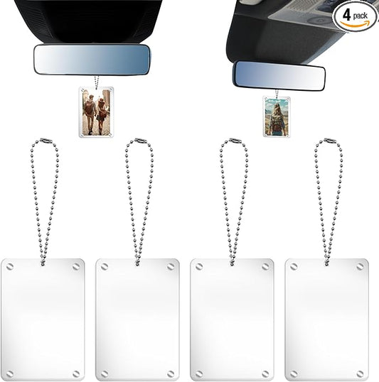 4Pcs Car Hanging Photo Holder, Universal Magnetic Holder with Chain Rear View Mirror Accessories Car Picture Frame Personalized Acrylic Transparent Ornaments Decor for Dads Gift