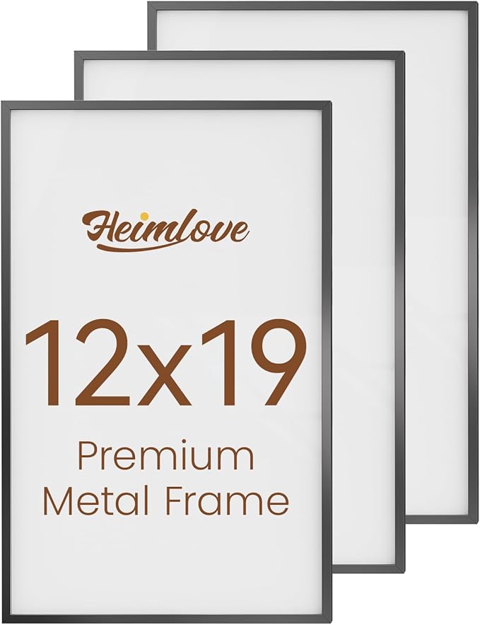 Heimlove 12x19 Metal Picture Frame,Black Aluminum Photo Frames-Real Tempered Glass,Wall Gallery Poster Puzzles Artwork frame Mounting Horizontally or Vertically Decor for Wall-3 Pack