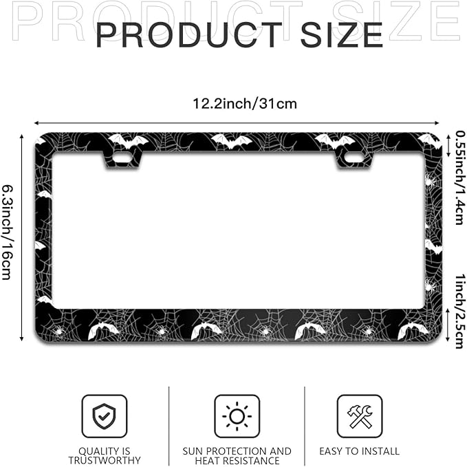 Spider Web Bat License Plate Frame Goth Gothic License Plate Frames Aluminum Car Accessories Cover with 2 Holes and Screws 12 x 6 Inch for Front Rear Car Plate Decor for Women Men