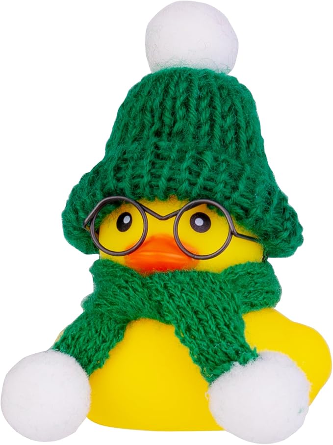 Car Rubber Duck Ornament Winter Duck Car Dashboard Decoration with Mini Beanie Hat Glasses and Scarf (E6)