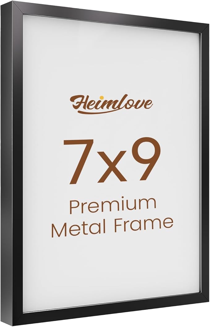 Heimlove 7x9 Metal Picture Frame,Black Aluminum Photo Frames-Real Tempered Glass,Tabletop Display,Mounting Horizontally or Vertically Decor for Wall-1Pack