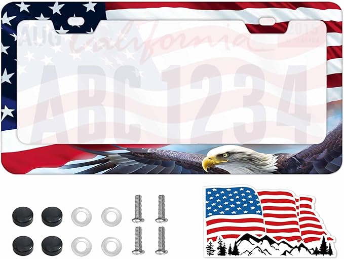 1PCS Bald Eagle American Flag License Plate Frame Holder - USA Stars and Stripes Auto Universal Aluminum Matte Car Tag Holder Covers with Sticker & Screws for Men