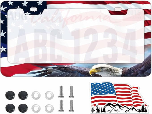 1PCS Bald Eagle American Flag License Plate Frame Holder - USA Stars and Stripes Auto Universal Aluminum Matte Car Tag Holder Covers with Sticker & Screws for Men