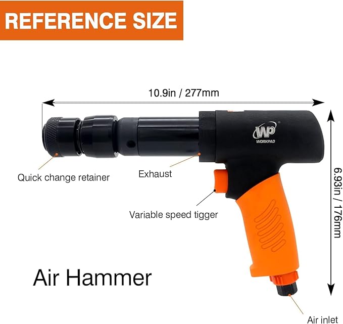 Air hammer,WP WORKPAD 270mm long barrel air chisel kit with 4pcs chisels with quick change retainer air chisel for shoveling and cutting