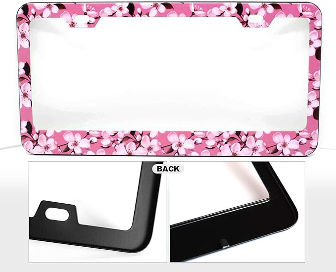 2pcs Pink Cherry Blossom License Plate Frame for Women, Pink Flower Flora Car Tag Frames Girly for Vehicle with Non Adhesive Electrostatic Sticker