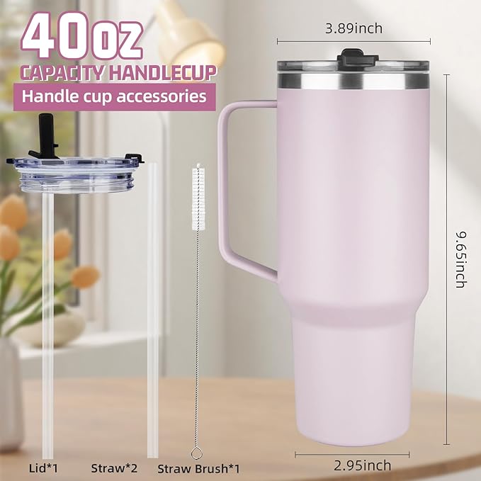 40 oz Tumbler with Handle and Flip Straw, 100% Leakproof Insulated Tumbler with Lid and Straw, Stainless Steel Travel Coffee Mug, Insulated Coffee Thermal Cup for Cold and Hot (Light Purple)