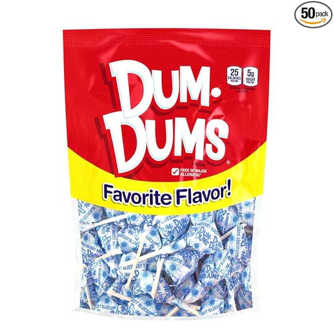 Dum Dums Blueberry Blast Lollipops - Bulk Candy Bag with Lollipops Individually Wrapped, Single Flavor Gourmet Suckers - 50 Count