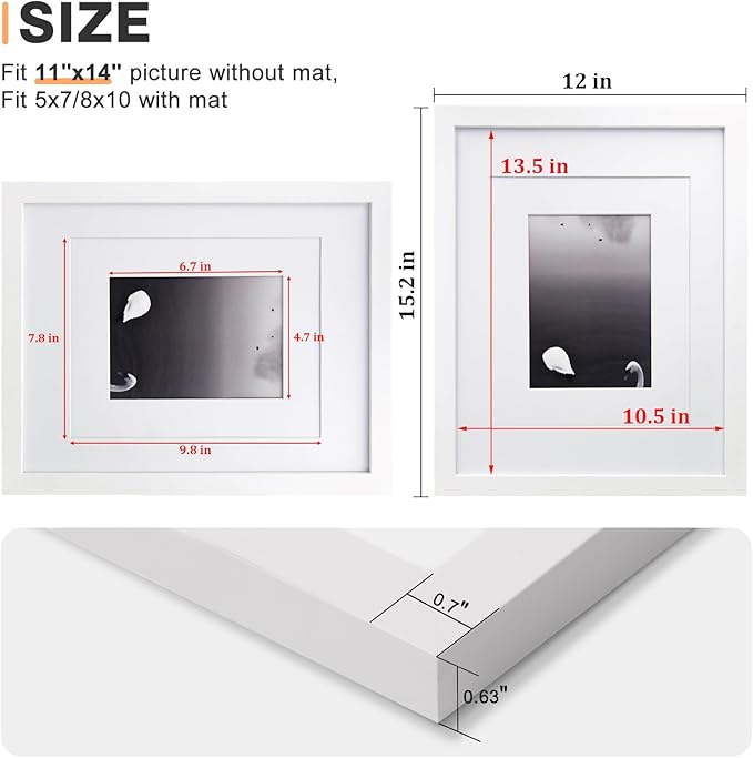 Egofine 11x14 Picture Frames Set of 4, Made of Solid Wood Covered by Plexiglass 5x7 and 8x10 with Mat or 11x14 without Mat, for Table Top Display and Wall Mounting Photo Frame White