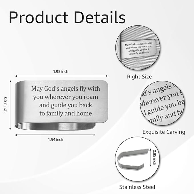 May God's Angels Fly With You Wherever You Roam and Guide You Back to Family and Home Engraved Stainless Steel Car Visor Clip, Travels Visor Car Accessories for Family Friend, New Driver Gifts