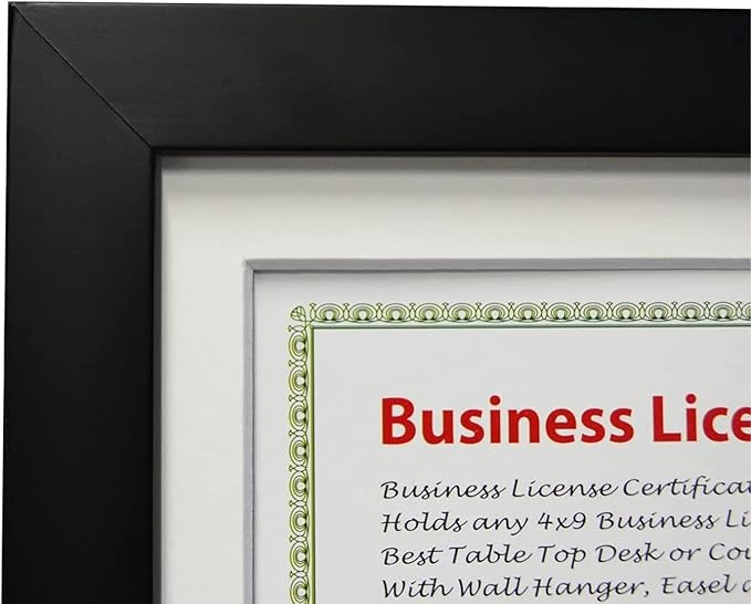 Golden State Art, 5x10 Wood Frame for 4x9 Business License Certificate with White Mat & Table-top Display, Black