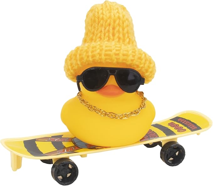 wonuu Car Duck Ornament Rubber Duck Car Dashboard Decoration for Car Dashboard Decoration Accessories with Mini Hat, Necklace, Sunglasses, Chair or Skateboard