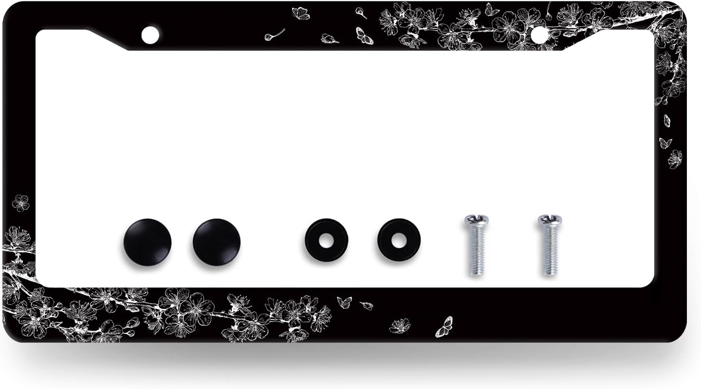 Black White Cherry Blossom License Plate Frame Butterfly Flower License Plate Holder Stainless Steel Car Accessories Decoration 6.3"X12.3" with 2 Holes Screws