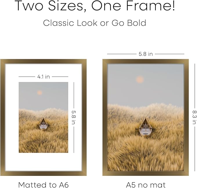 Homeforia A5 Picture Frame Bronze, High End Metal 5.8 x 8.3 Frame Matted to 4.1 x 5.8 Photo, A5 Frame with Mat A6 Art, 5.8x8.3 Poster Frames, 8.3x5.8 Display Frames, Tempered Glass, Wall Kit, Set of 3