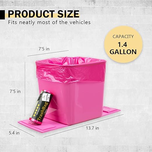 Car Trash Can ??Leakproof 1.4 Gallon Compact Garbage Bin with Stability Flap & Anti-Slip Base | Portable Trash Holder for Cars, Trucks, SUVs, Minivans ??Includes Trash Bags (Pink, Large)