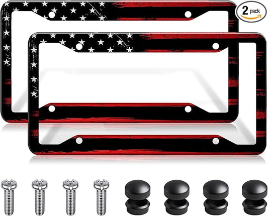 American Flag License Plate Frames Holder,Aluminum Novelty Decorative License Plate Protector with Screws for Men/Women,Car Decoration Accessories,2pcs-Black RedAmerican Flag