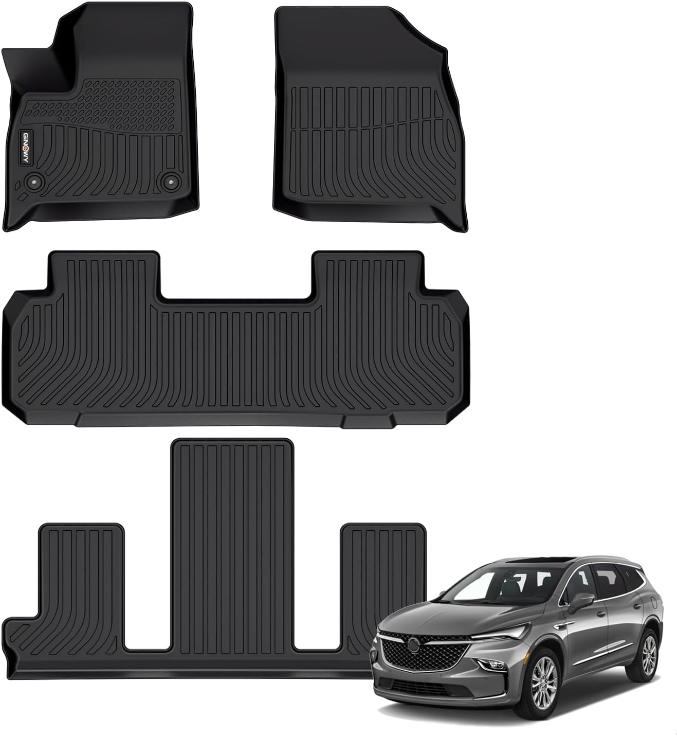 GINOWY-Floor Mats for Buick Enclave 2018-2024, TPE All Weather Mats Enclave with 2nd Row Bucket Seats, Non-Slip Waterproof Winter Enclave Floor Liners Accessories, Black