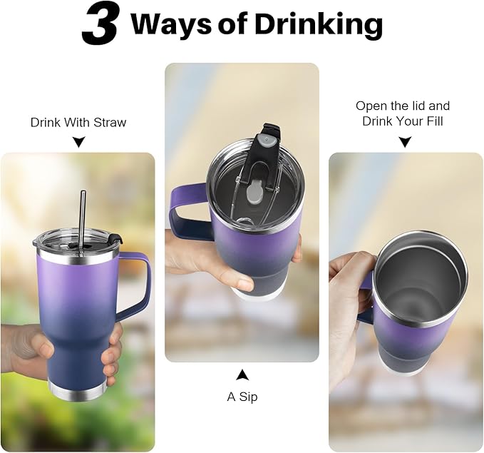 20 oz Tumbler with Handle, Stainless Steel Insulated Tumbler with Lid and Straw, Double Wall Vacuum Insulated Coffee Mug Tumbler,Insulated Coffee Thermal Cup for Cold and Hot(Purple Navy blue)