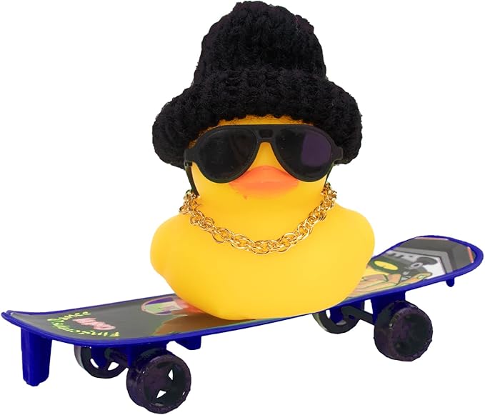 wonuu Car Duck Ornament Rubber Duck Car Dashboard Decoration for Car Dashboard Decoration Accessories with Mini Hat, Necklace, Sunglasses, Chair or Skateboard